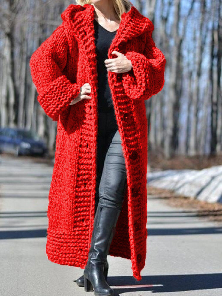 Women's Winter Hooded Single-breasted Solid Color Knitted Sweaters