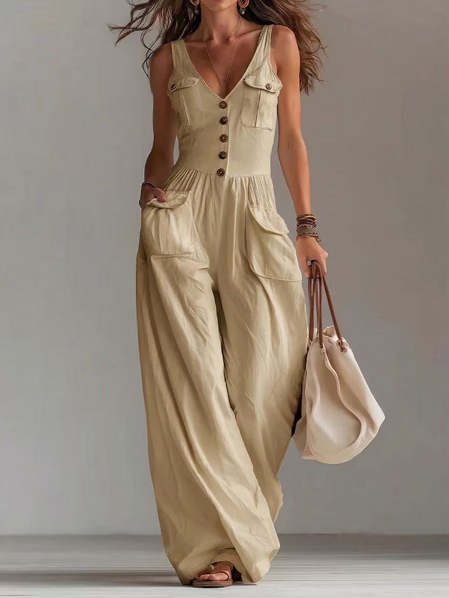 Women's Summer Solid Color Buttons Loose Casual Women's Jumpsuit/clothing