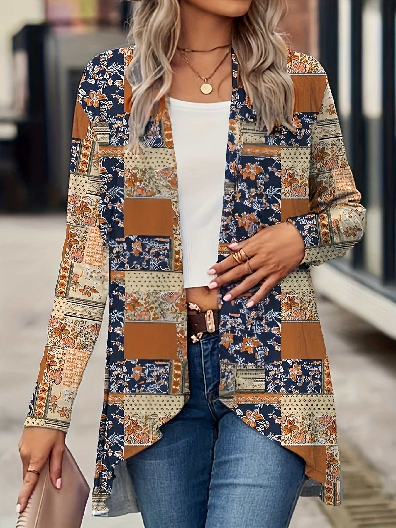 Women's Autumn Long Sleeve Plant Flower Print Cloak Cardigans