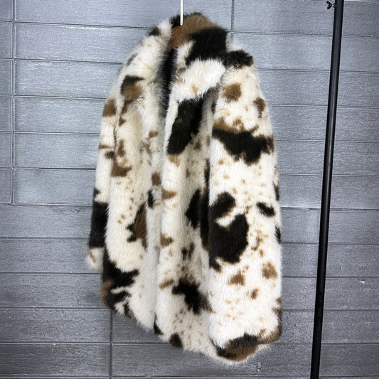 Women's Faux Fox Fur Cows Pattern Lapel Coats