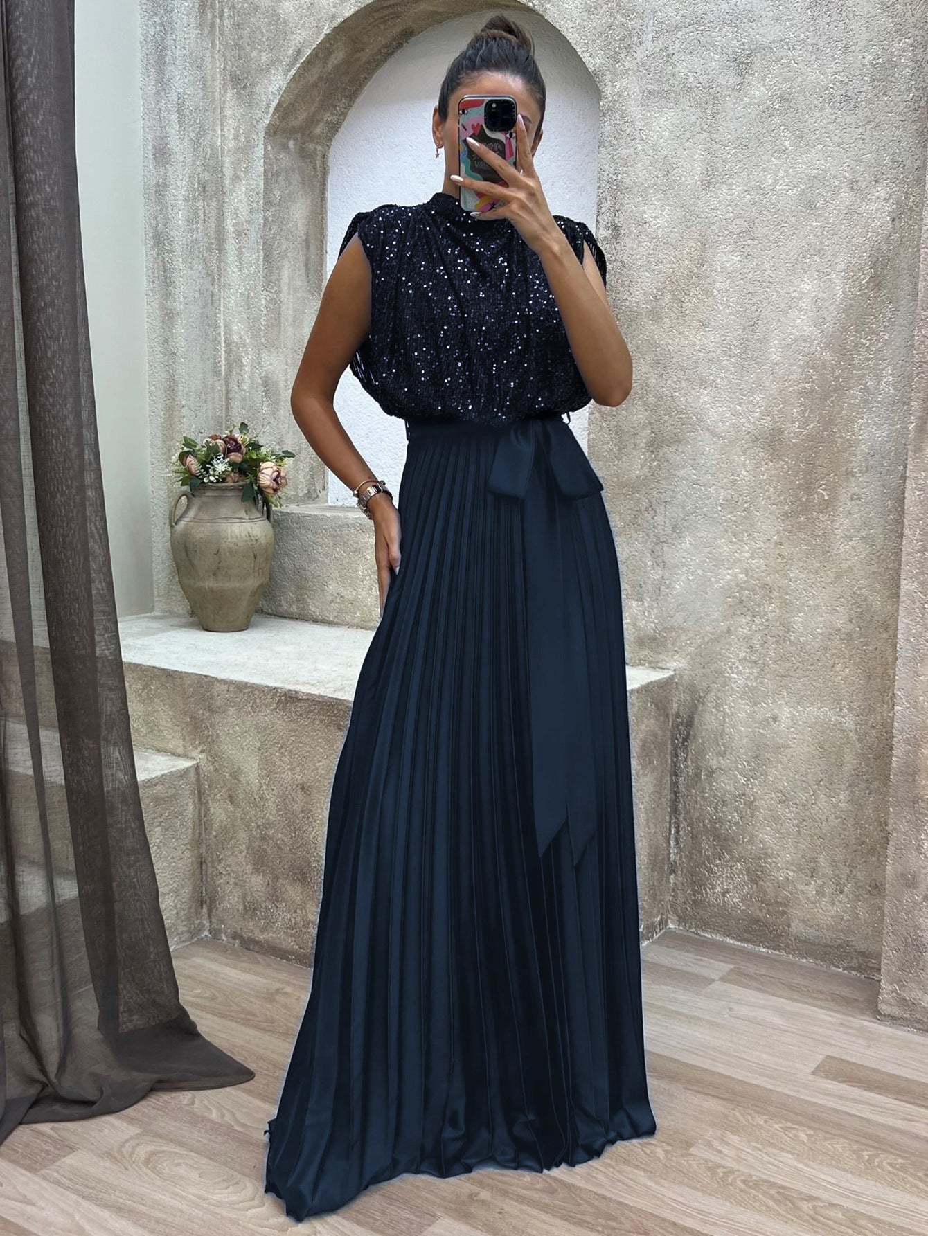Women's Backless High Waist Pleated Dress Summer Dresses