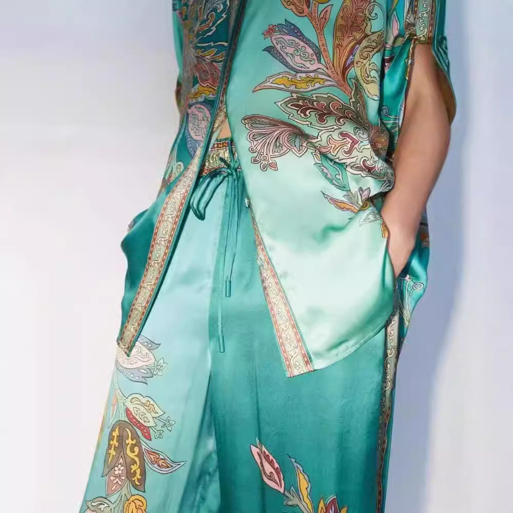 Vintage Printed Satin Sleeve Lapel Shirt Fashion Casual Suit