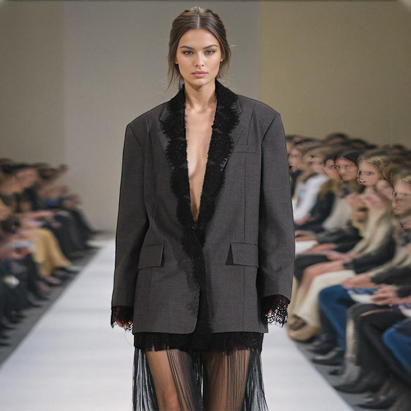 Women's Fashionable Spring Lace Stitching Design Long Blazers