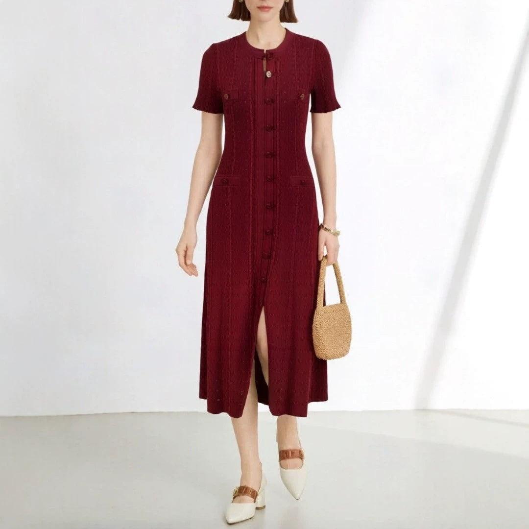 Women's High Quality French Style Temperament Sleeve Hollow Thread Single-breasted Dress