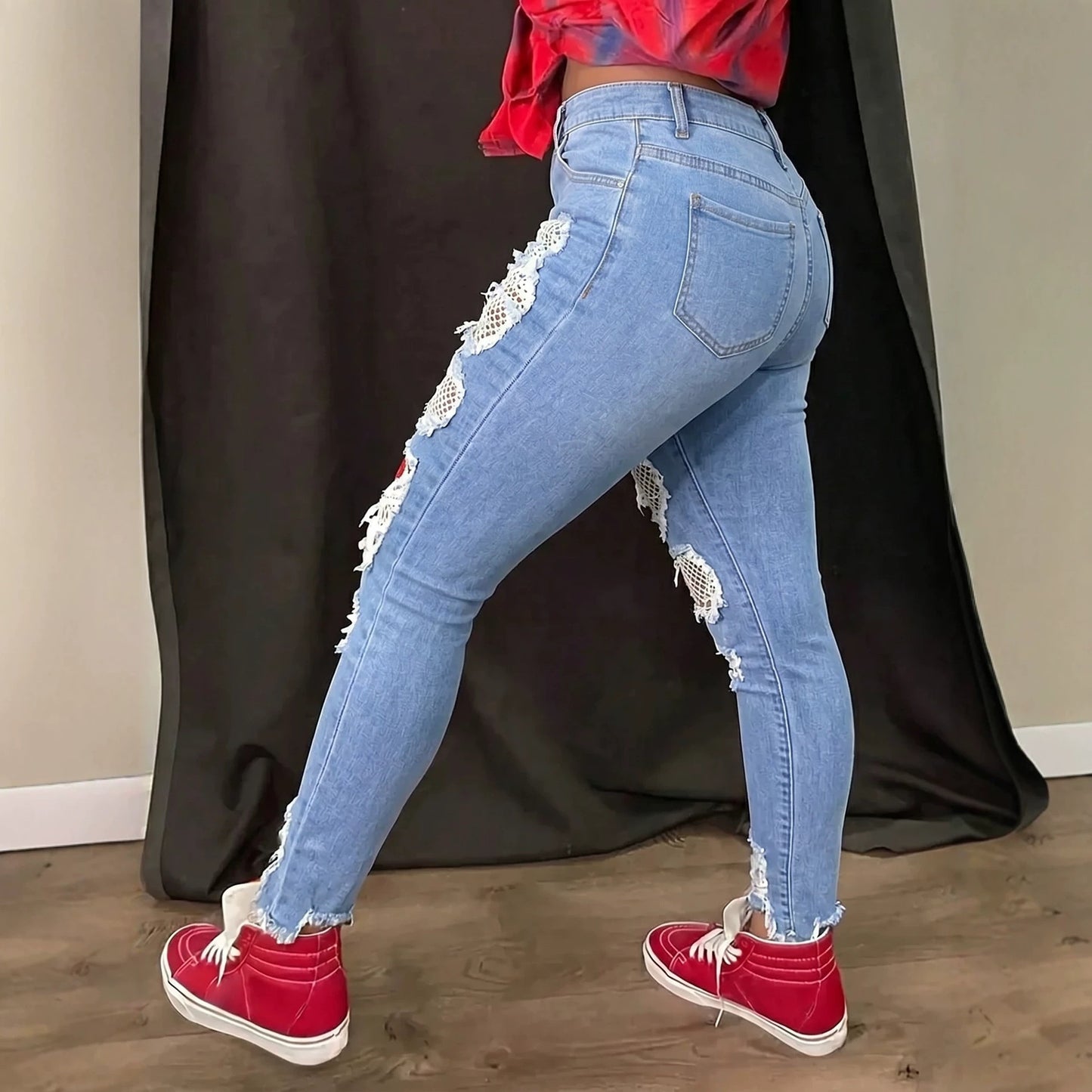 Women's Hip Red Plaid Patch Ripped Slim Fit Casual Fashion Stretch Women's Jeans