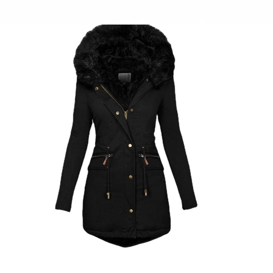 Women's Solid Color Fur Collar Hood Mid-length Coats
