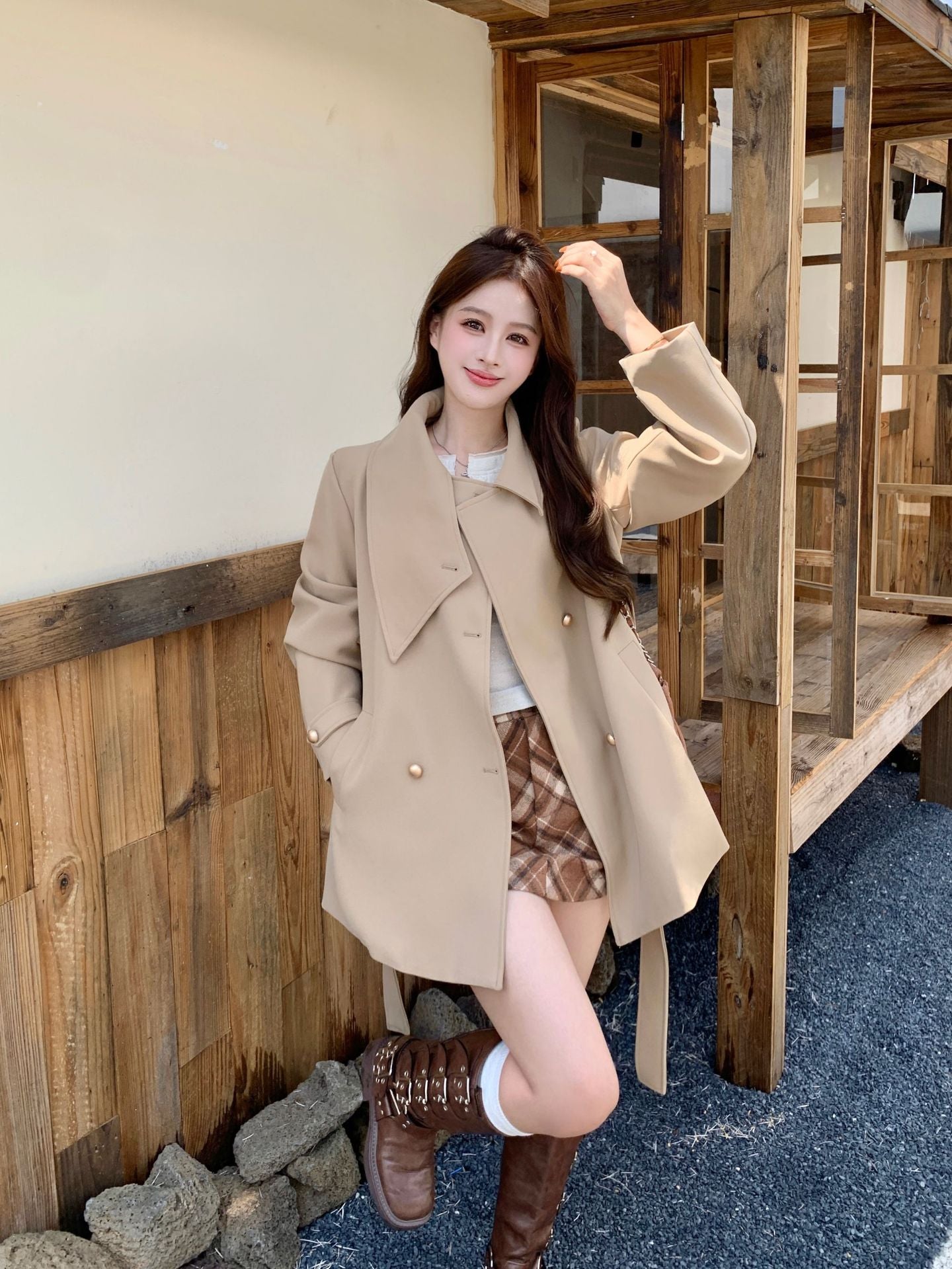 Style Double Breasted Windbreaker Female Fat Sister Coats