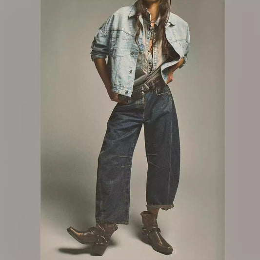 Women's Casual Wide Leg Loose Waist Washed Jeans