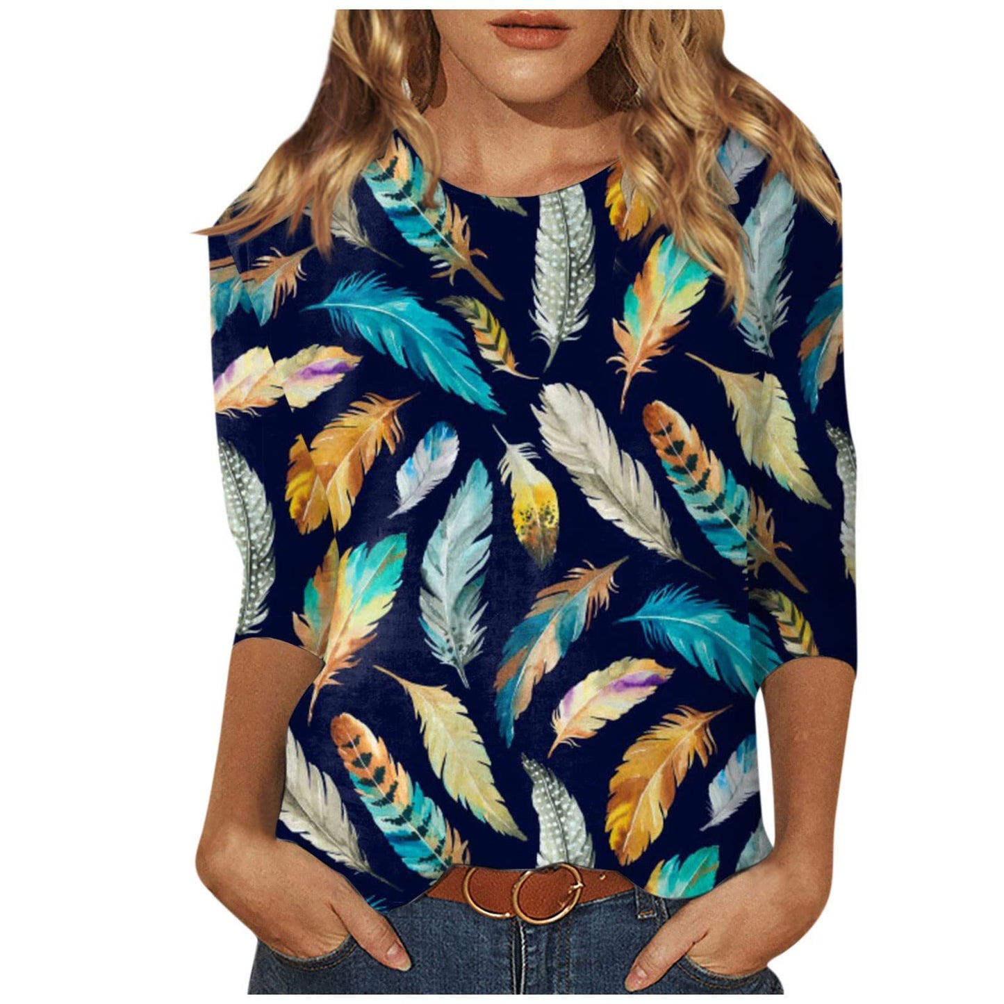 Women's Round Neck Printed Solid Color Three-quarter Women's T-shirt