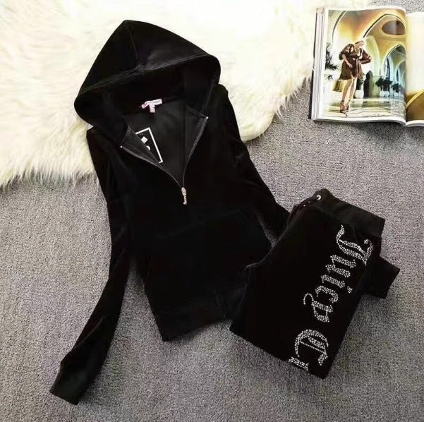 Women's Silk Veet Crown Hot Drilling Lettered Casual Sports Suits