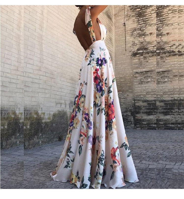 Women's Clothes Exposed Back Printed Large Swing Sleeveless Dress