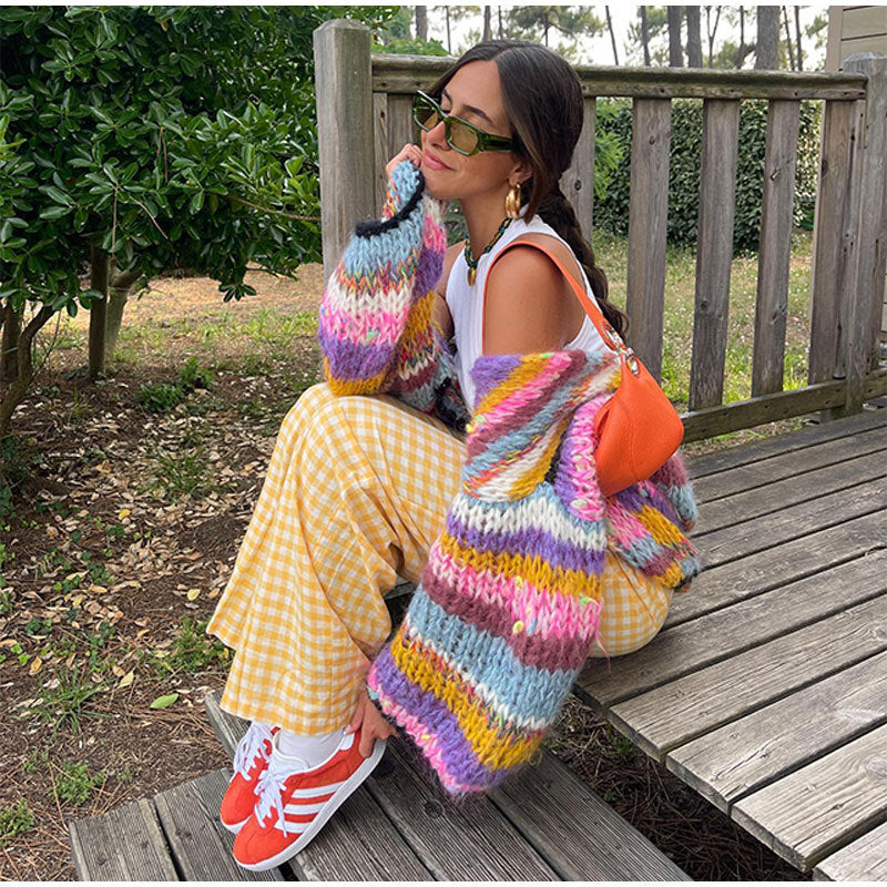 Striped Long Sleeve Rainbow Plaid Handmade Coats