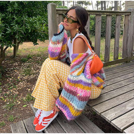 Striped Long Sleeve Rainbow Plaid Handmade Coats