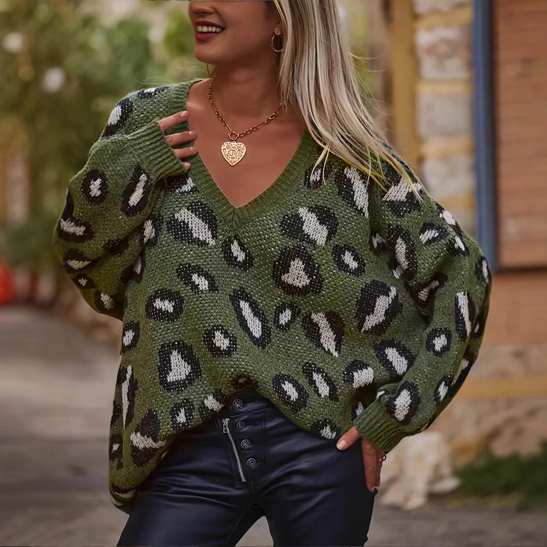 Women's Loose Pullover Coffee Color Leopard Point Sweaters