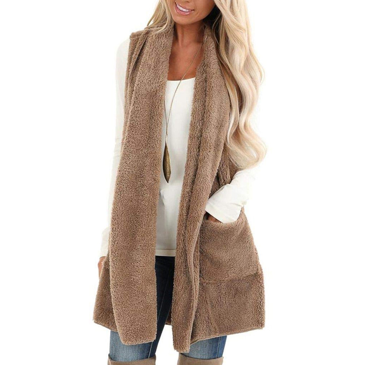 Women's Loose Fashion Solid Color Pocket Sleeveless Plush Large Women's Vest
