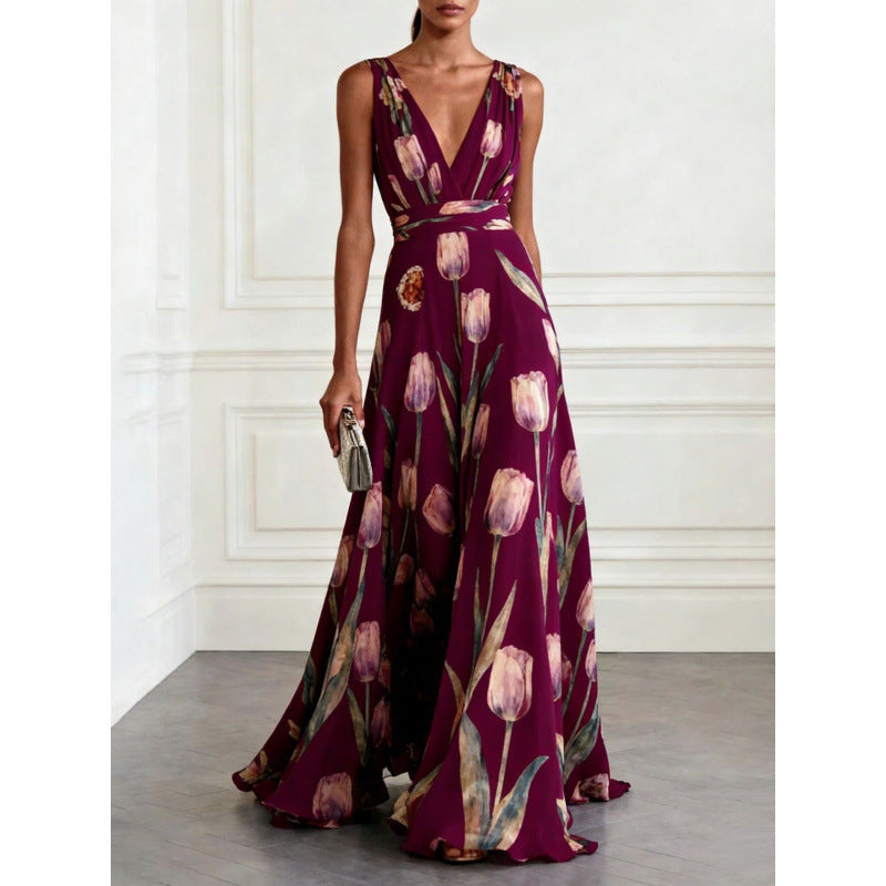 Women's Tulip Print Sleeveless Chiffon Maxi Dress