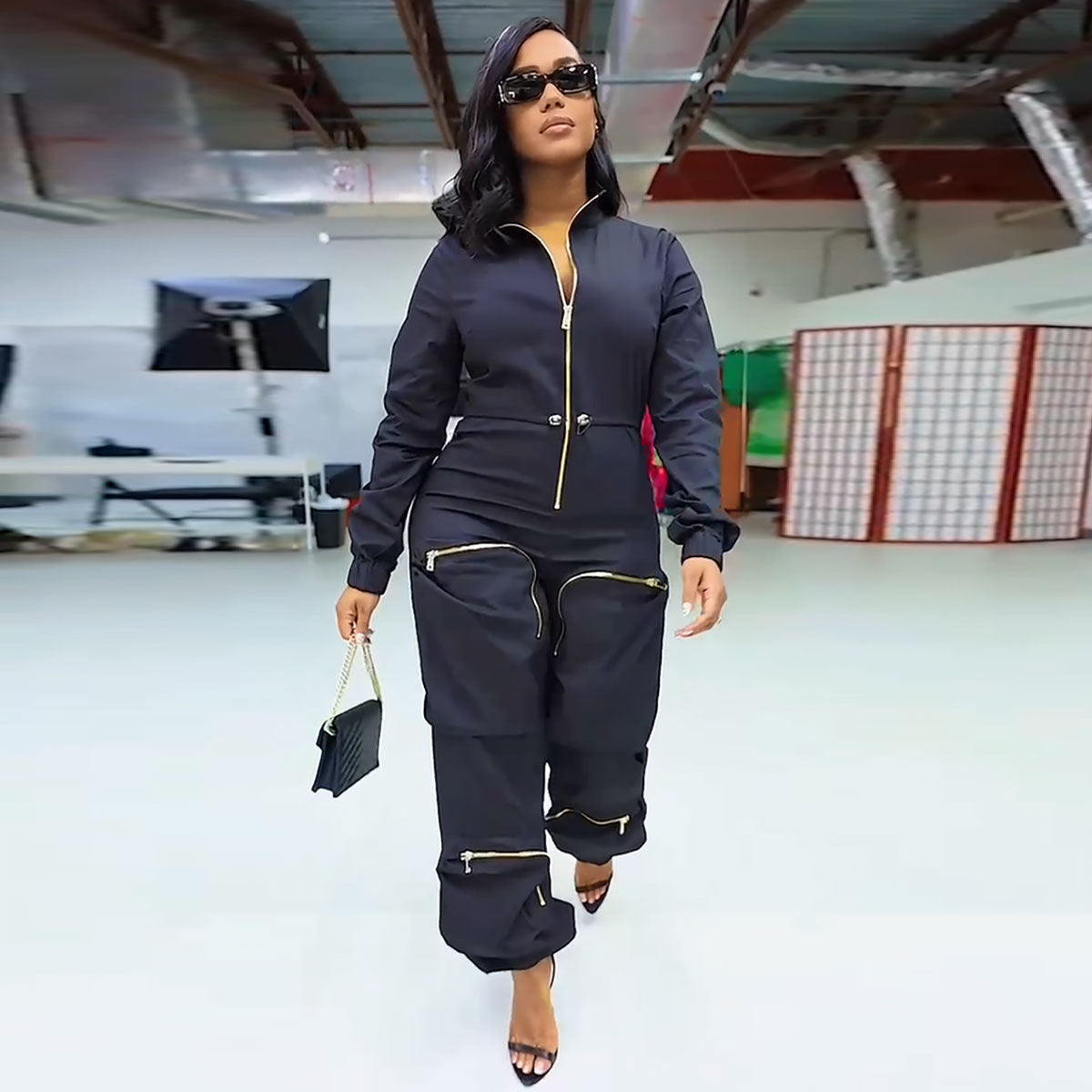 Women's Cargo Overalls Metal Zipper Bread Bag Jumpsuits