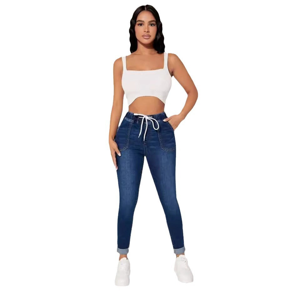 Women's Cropped Drawstring Elastic Waist High Skinny Jeans