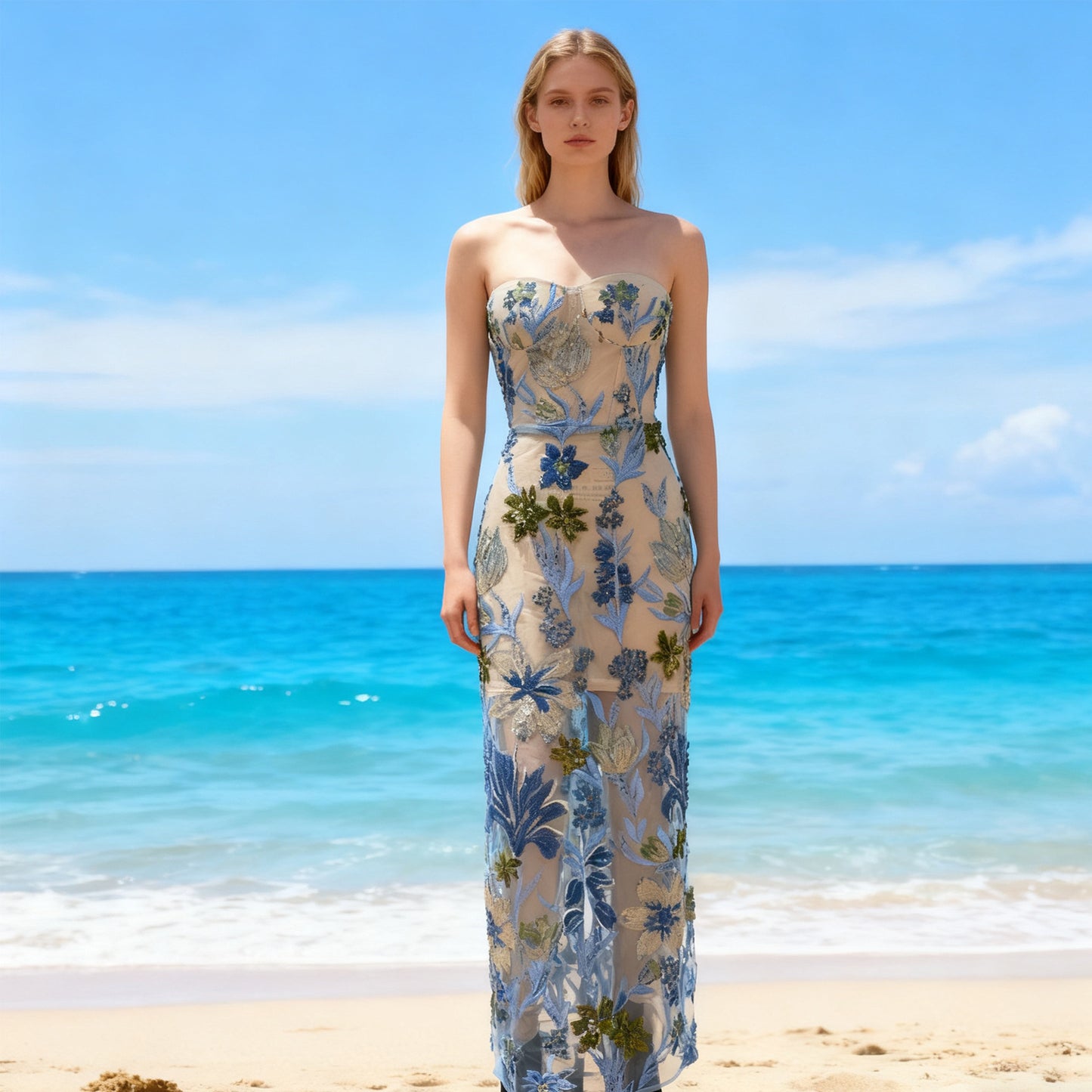 Women's Wear Tube Mesh Floral Embroidered Long Dresses