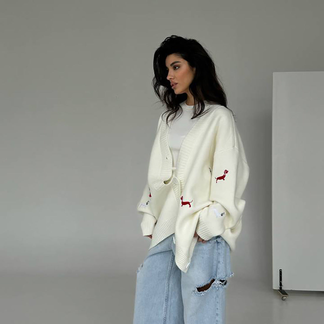 Style Idle Sausage Dog Embroidered Loose Sweaters