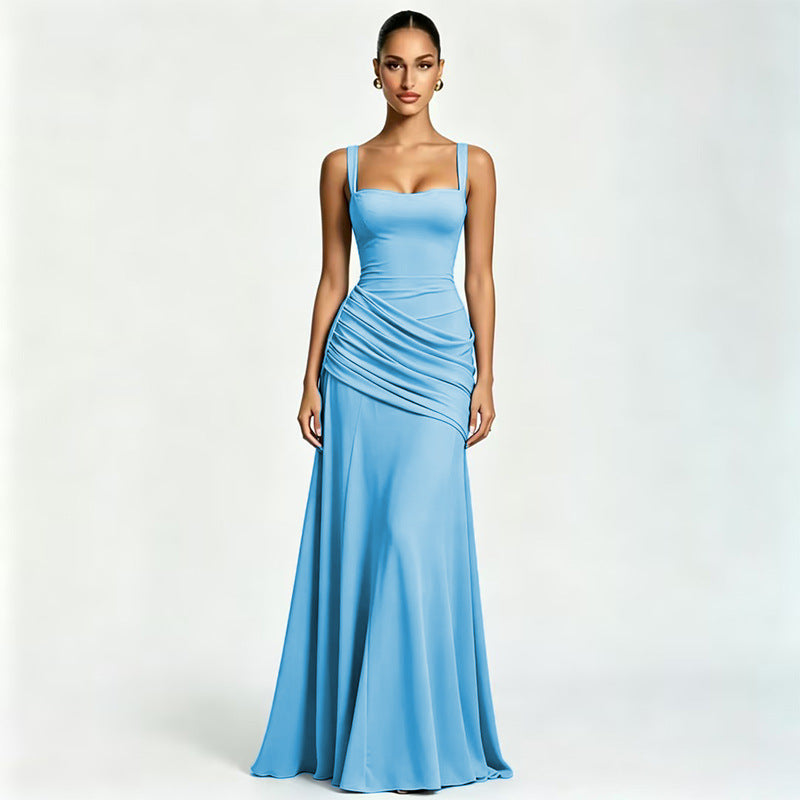 Women's Sexy Solid Color Pleated Low-cut Backless Dress