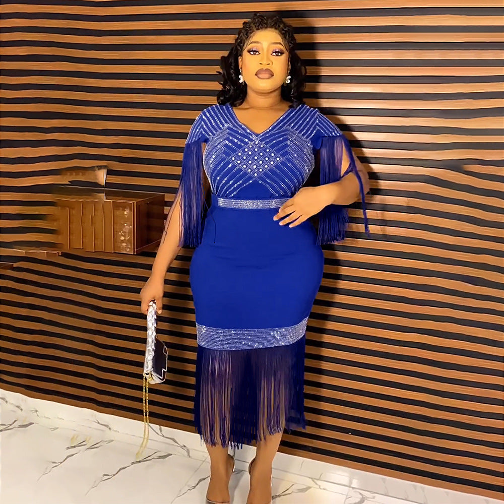 Women's Fat Clothes African Rhinestone Tassel Dress Dresses