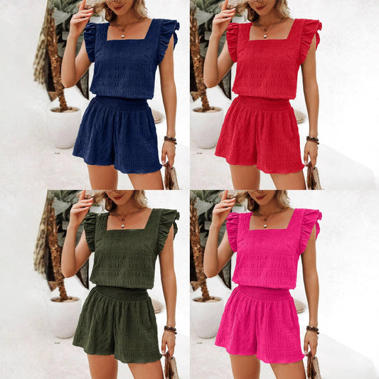 Classic Women's Summer Square Collar Ruffled Fashion Casual Suit