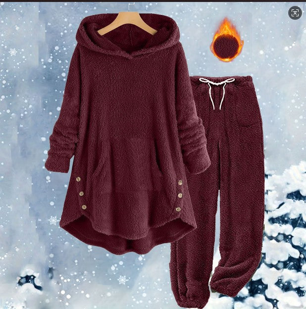 Women's Casual Solid Color Plush Hooded Long Sleeve Suits