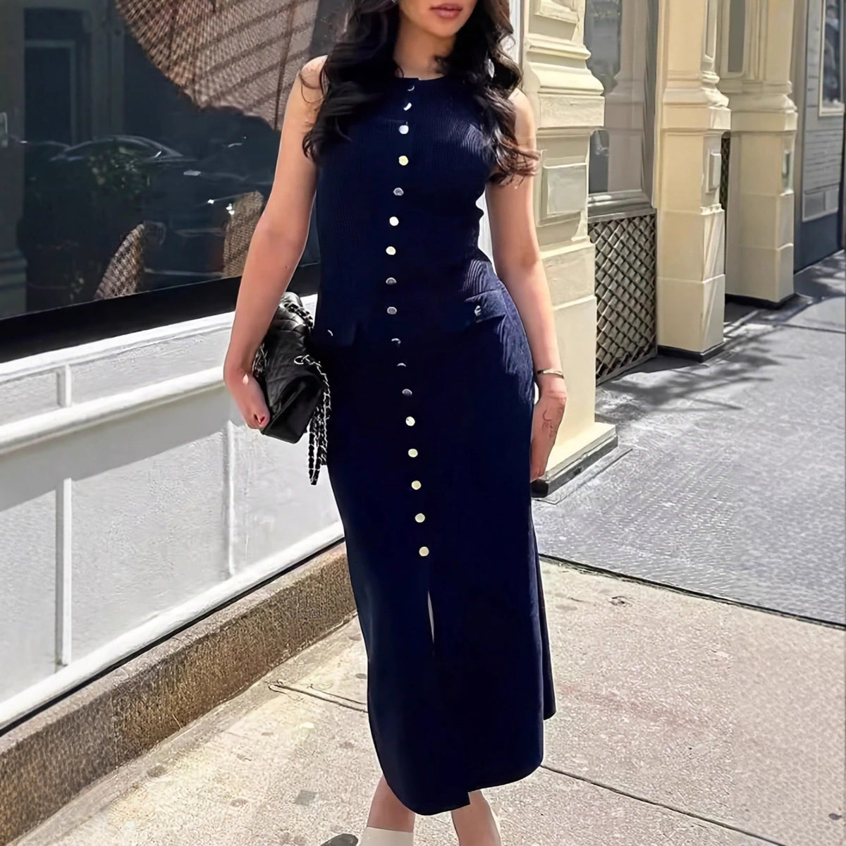 Women's Elegant Knitted Rib Round Neck Sleeveless Button Slim Dress