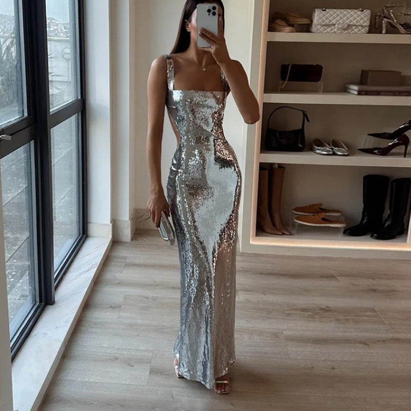 Women's Casual Halter Sequined Long Dress Dresses