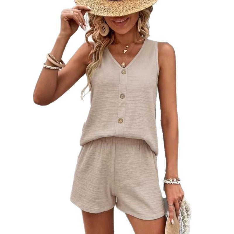 Women's Sleeveless Two-piece Solid Color Buttons Decorative Set Fashion Casual Suit