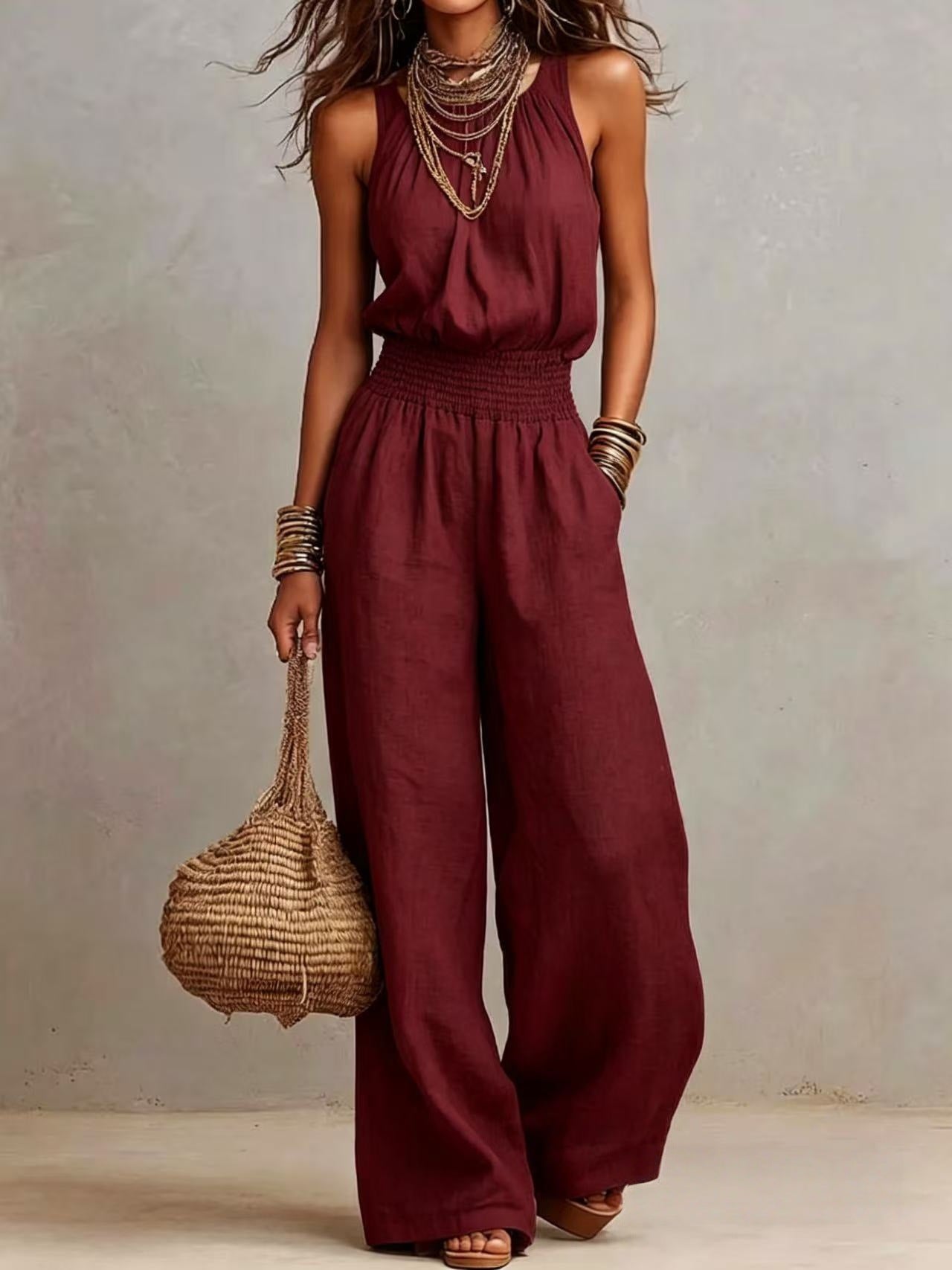 Durable Trendy Women's Sleeveless Linen Backless Women's Jumpsuit/clothing
