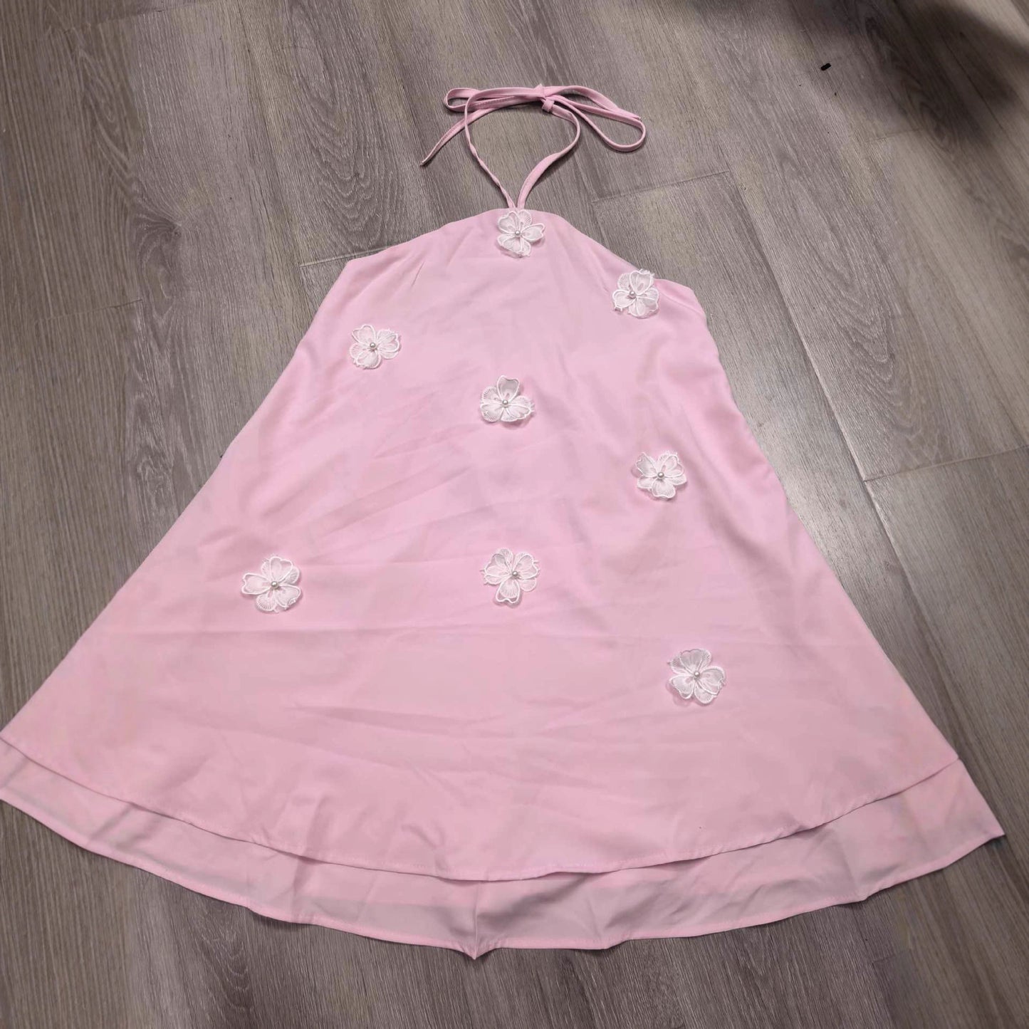 Women's Lux Pink Three-dimensional Flower Satin Sleeveless Sling Dress