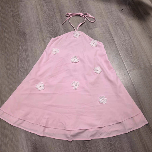 Women's Lux Pink Three-dimensional Flower Satin Sleeveless Sling Dress