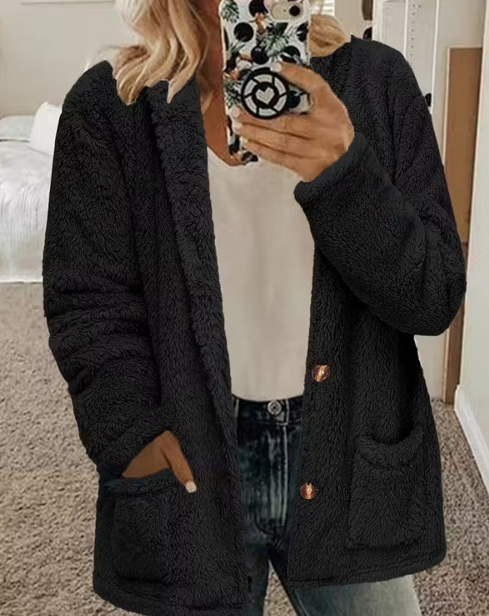 Women's Fur Hooded Loose Knitted Button Pocket Cardigans