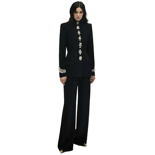 Early Autumn Beads Rhinestones Stand-up Collar Fashion Casual Suit