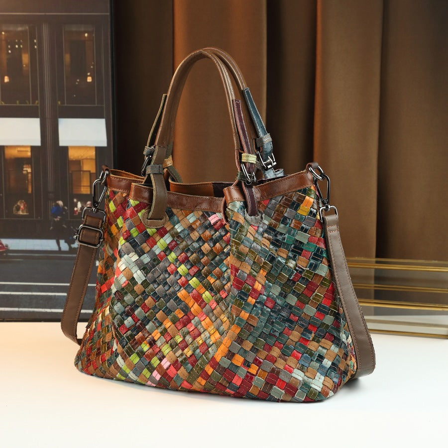 Women's Retro Hand-woven Color Leather Stitching Handbags