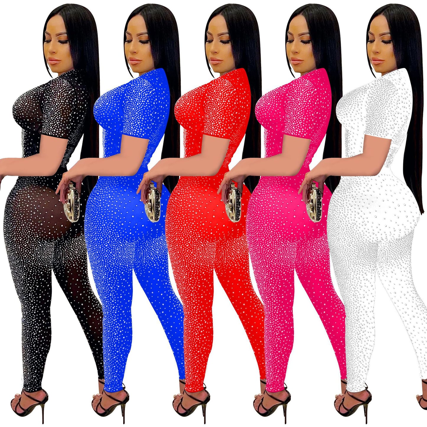 Women's Pure Color Mesh Rhinestone Sleeve Trousers Suits