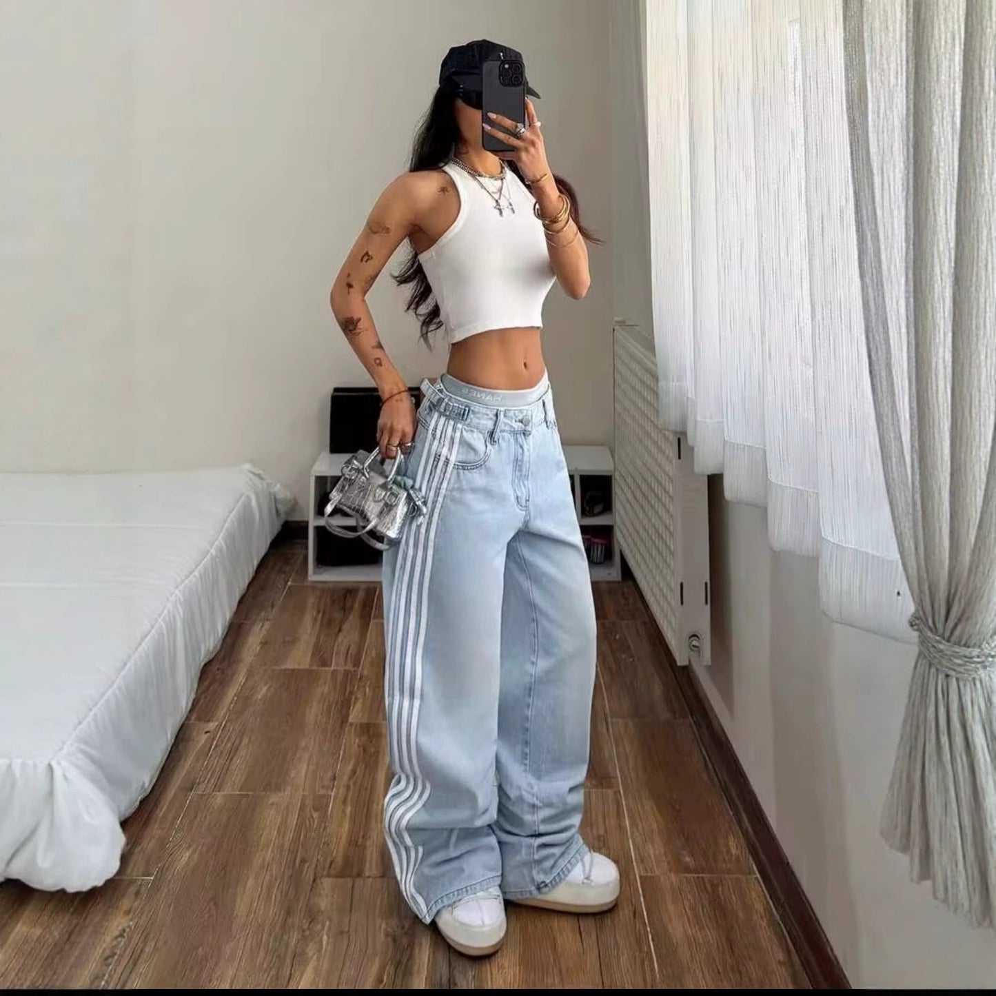 Women's Retro Trendy Fashion Casual Striped Trousers Women's Jeans