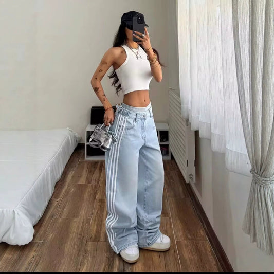 Women's Retro Trendy Fashion Casual Striped Trousers Women's Jeans