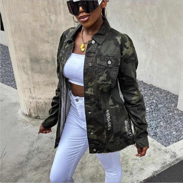 Women's Button Camouflage Raw Hem Ripped Denim Jackets
