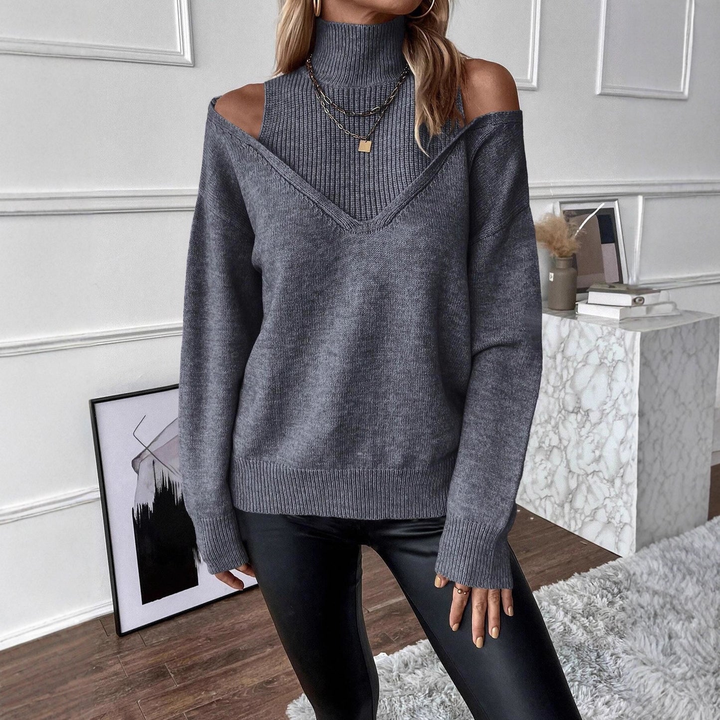 Solid Color Loose Fashionable Knitted Long Sweaters