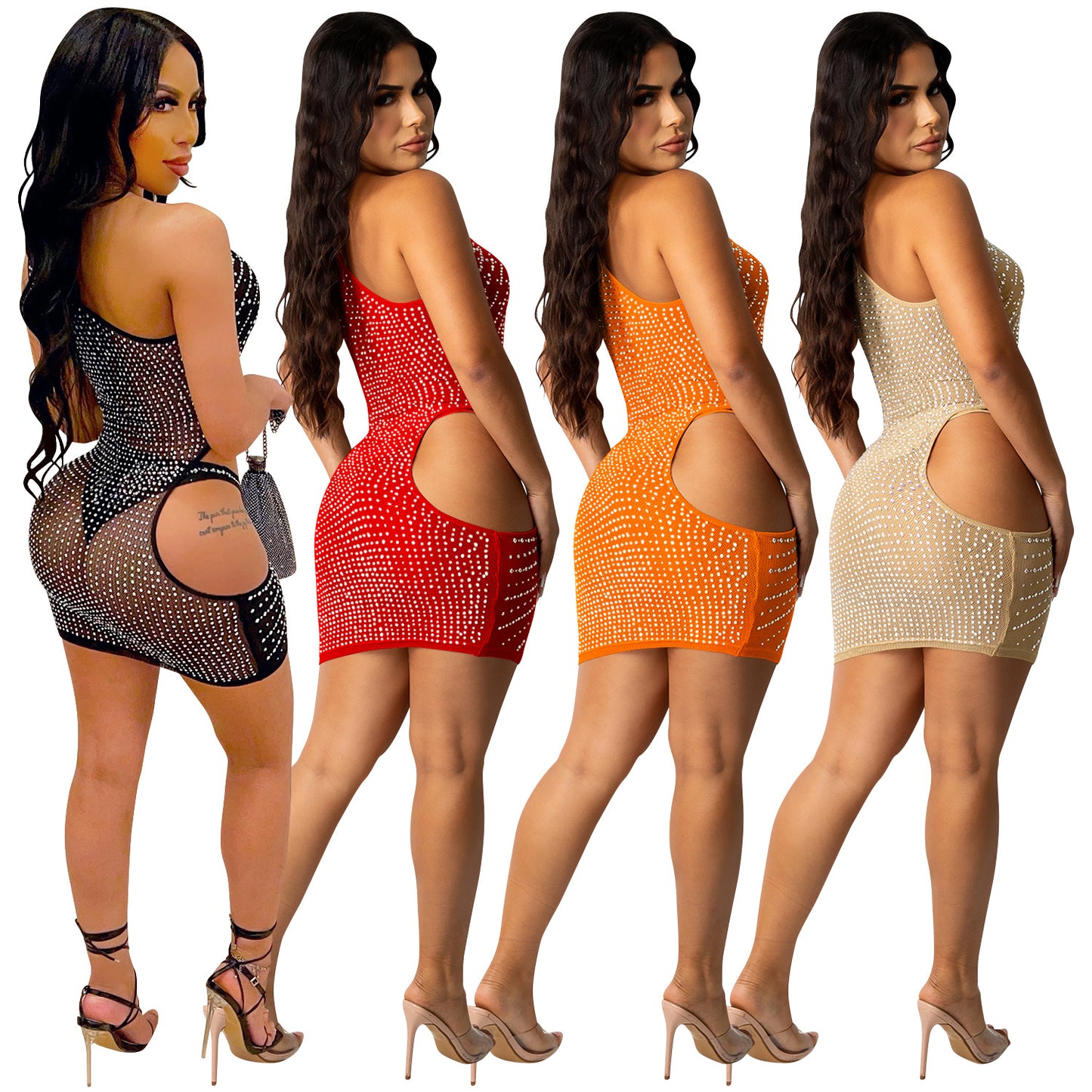 Women's Sexy Solid Color Hot Drilling Mesh Single Dresses