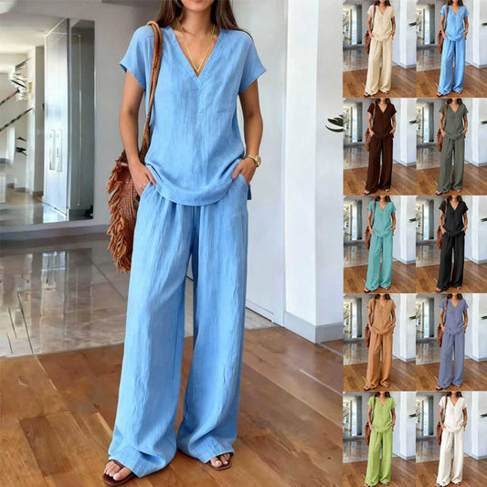 Women's Breathable Loose Slimming Solid Color Short-sleeved Trousers Pants
