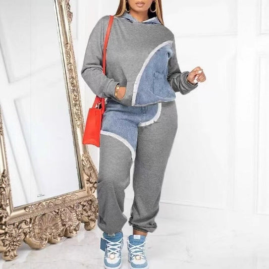 Women's Sports Fashion Casual Denim Stitching Hooded Suits