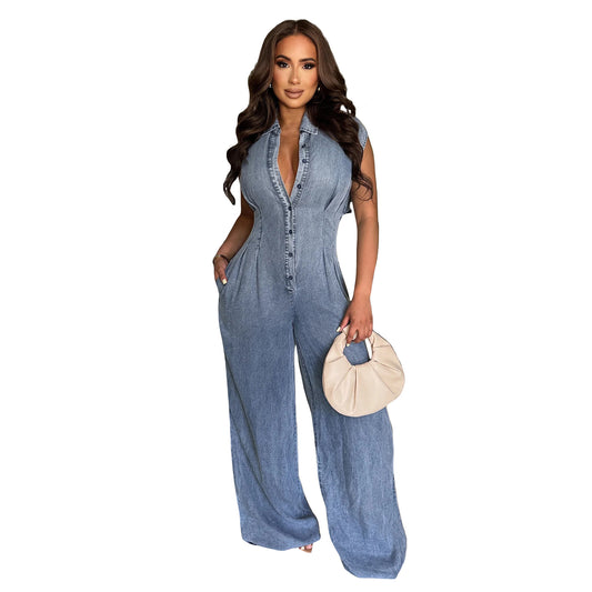 Waist Slim Elastic Washing Denim Straight Jumpsuits