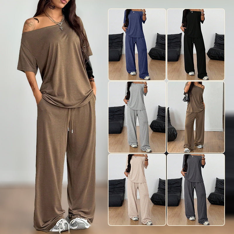 Women's Diagonal Collar Solid Color Sports Two-piece Loose Fashion Casual Suit