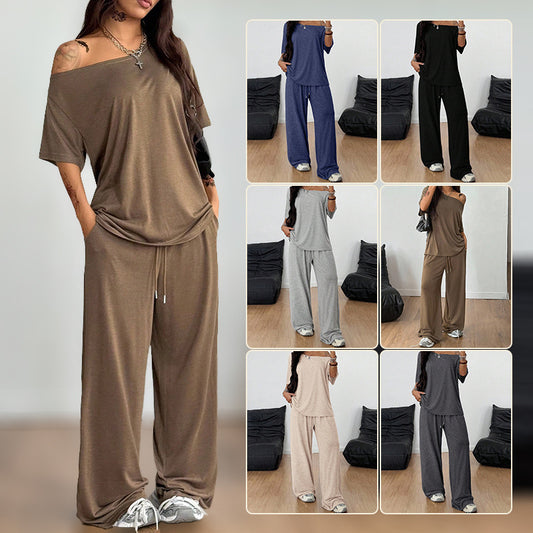 Women's Diagonal Collar Solid Color Sports Two-piece Loose Fashion Casual Suit