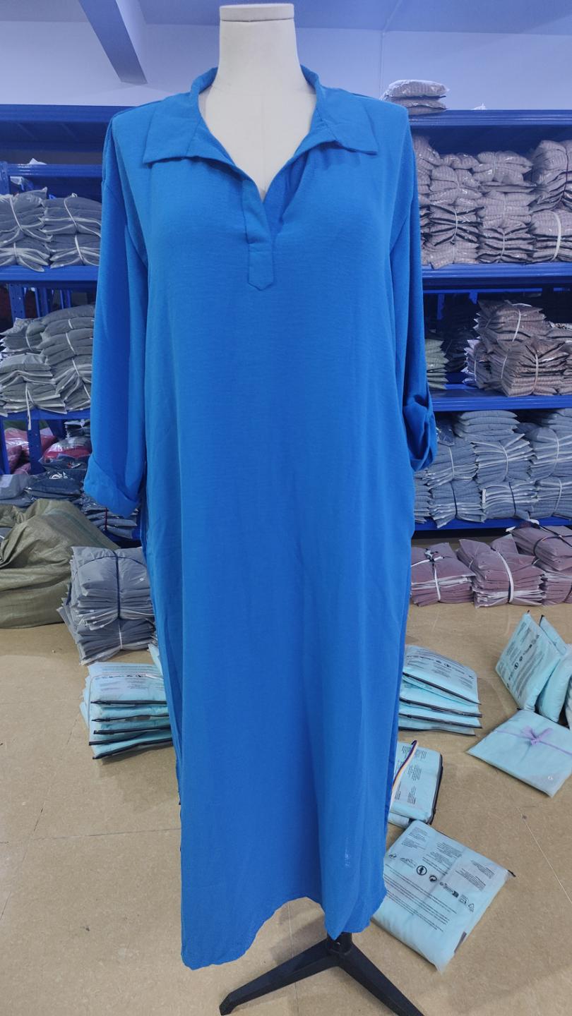 Cotton Linen Dress Solid Color Polo Collar Long Sleeve Fashion Casual Suit