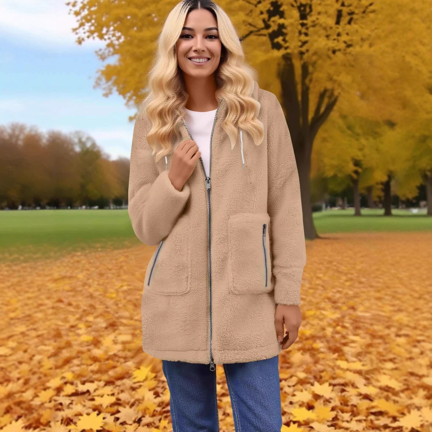 Casual Fashionable Zipper Pocket Lamb Wool Coats